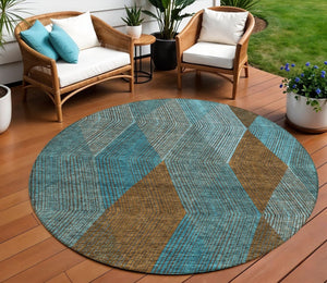 HomeRoots 5' Timeless Argyle Indoor Outdoor Area Rug in Teal Blue, Aqua, and Brown - Durable & Washable Design 8' Round 613737