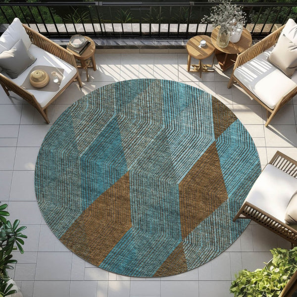 HomeRoots 5' Timeless Argyle Indoor Outdoor Area Rug in Teal Blue, Aqua, and Brown - Durable & Washable Design 8' Round 613737