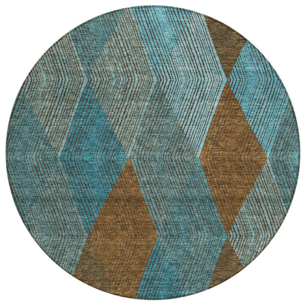 HomeRoots 5' Timeless Argyle Indoor Outdoor Area Rug in Teal Blue, Aqua, and Brown - Durable & Washable Design 8' Round 613737