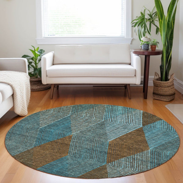 HomeRoots 5' Timeless Argyle Indoor Outdoor Area Rug in Teal Blue, Aqua, and Brown - Durable & Washable Design 8' Round 613737