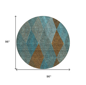 HomeRoots 5' Timeless Argyle Indoor Outdoor Area Rug in Teal Blue, Aqua, and Brown - Durable & Washable Design 8' Round 613737