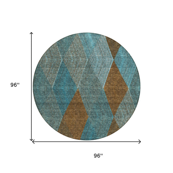 HomeRoots 5' Timeless Argyle Indoor Outdoor Area Rug in Teal Blue, Aqua, and Brown - Durable & Washable Design 8' Round 613737