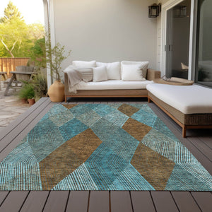 HomeRoots 5' Timeless Argyle Indoor Outdoor Area Rug in Teal Blue, Aqua, and Brown - Durable & Washable Design 10' X 14' 613740