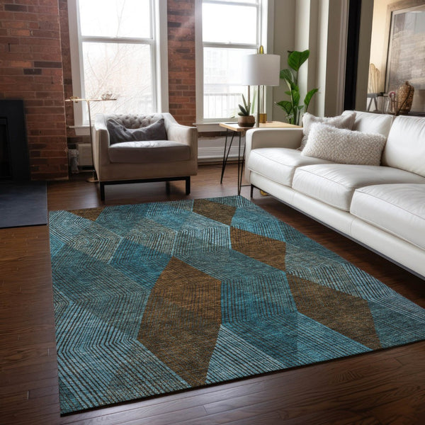 HomeRoots 5' Timeless Argyle Indoor Outdoor Area Rug in Teal Blue, Aqua, and Brown - Durable & Washable Design 10' X 14' 613740