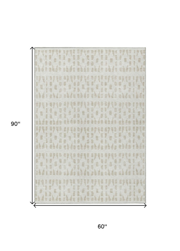 HomeRoots 5' Elegant Ivory and Beige Geometric Area Rug - Machine Washable, Indoor/Outdoor Durability 5' X 8' 613778