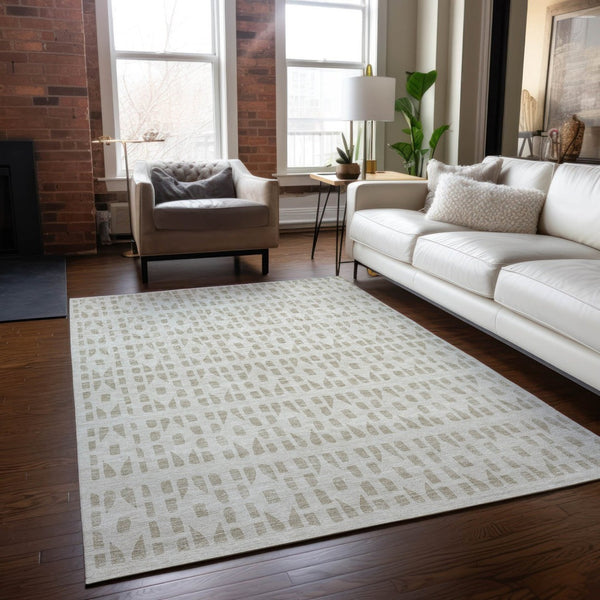 HomeRoots 5' Elegant Ivory and Beige Geometric Area Rug - Machine Washable, Indoor/Outdoor Durability 8' X 10' 613780