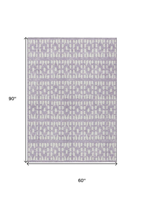 HomeRoots 5' Modern Lavender and Ivory Geometric Area Rug – Durable, Washable Indoor/Outdoor Design for Any Space 5' X 8' 613784