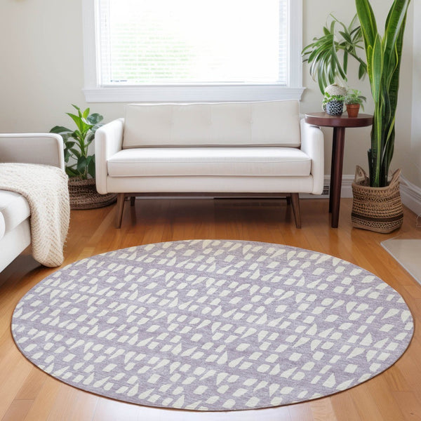 HomeRoots 5' Modern Lavender and Ivory Geometric Area Rug – Durable, Washable Indoor/Outdoor Design for Any Space 8' Round 613785
