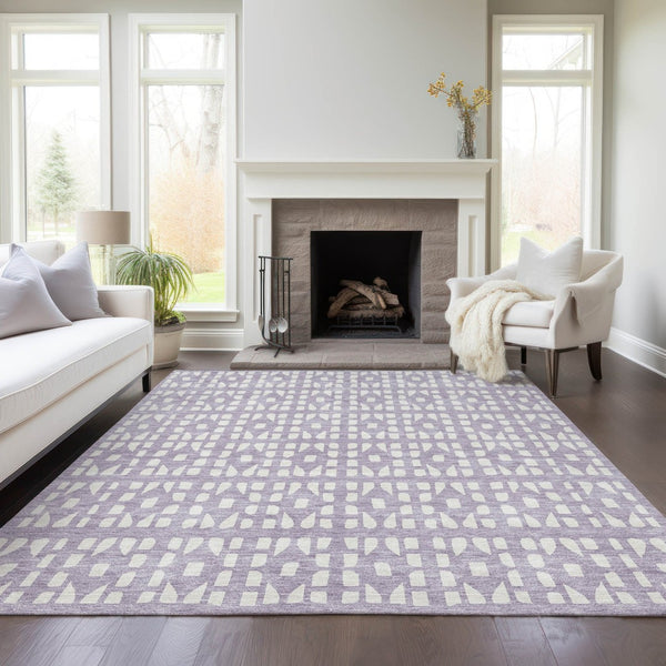 HomeRoots 5' Modern Lavender and Ivory Geometric Area Rug – Durable, Washable Indoor/Outdoor Design for Any Space 8' X 10' 613786