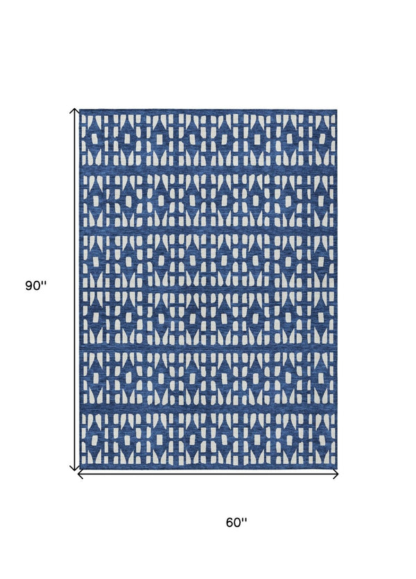 HomeRoots 5' Stylish Navy Blue and Ivory Geometric Washable Area Rug for Indoor and Outdoor Spaces Upgrade 5' X 8' 613790