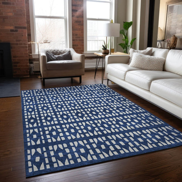 HomeRoots 5' Stylish Navy Blue and Ivory Geometric Washable Area Rug for Indoor and Outdoor Spaces Upgrade 5' X 8' 613790