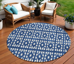 HomeRoots 5' Stylish Navy Blue and Ivory Geometric Washable Area Rug for Indoor and Outdoor Spaces Upgrade 8' Round 613791