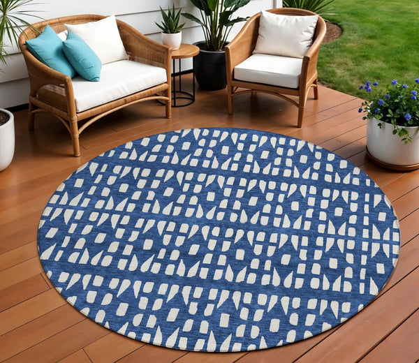 HomeRoots 5' Stylish Navy Blue and Ivory Geometric Washable Area Rug for Indoor and Outdoor Spaces Upgrade 8' Round 613791