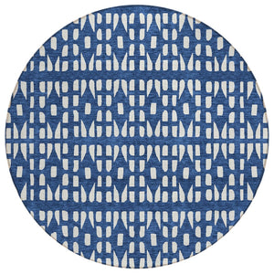 HomeRoots 5' Stylish Navy Blue and Ivory Geometric Washable Area Rug for Indoor and Outdoor Spaces Upgrade 8' Round 613791