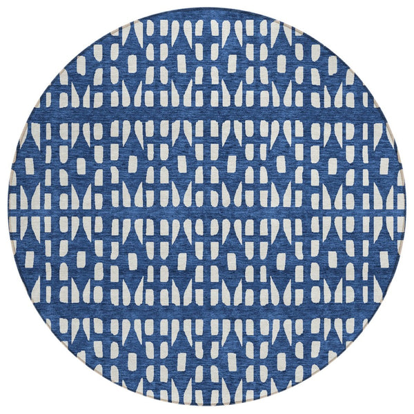 HomeRoots 5' Stylish Navy Blue and Ivory Geometric Washable Area Rug for Indoor and Outdoor Spaces Upgrade 8' Round 613791