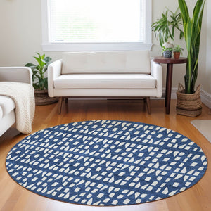 HomeRoots 5' Stylish Navy Blue and Ivory Geometric Washable Area Rug for Indoor and Outdoor Spaces Upgrade 8' Round 613791