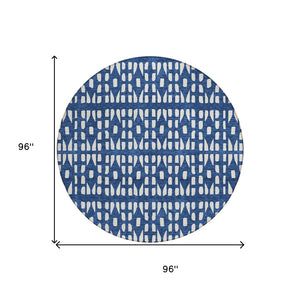 HomeRoots 5' Stylish Navy Blue and Ivory Geometric Washable Area Rug for Indoor and Outdoor Spaces Upgrade 8' Round 613791