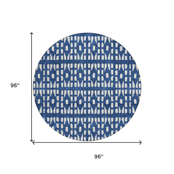 HomeRoots 5' Stylish Navy Blue and Ivory Geometric Washable Area Rug for Indoor and Outdoor Spaces Upgrade 8' Round 613791