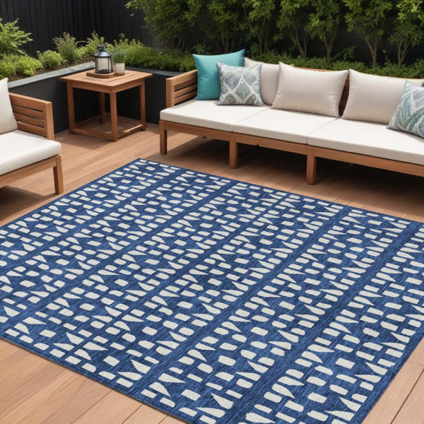 HomeRoots 5' Stylish Navy Blue and Ivory Geometric Washable Area Rug for Indoor and Outdoor Spaces Upgrade 8' X 10' 613792