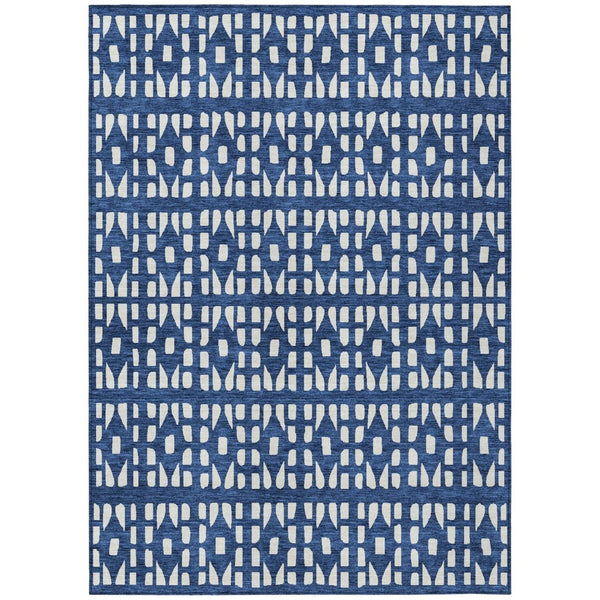 HomeRoots 5' Stylish Navy Blue and Ivory Geometric Washable Area Rug for Indoor and Outdoor Spaces Upgrade 9' X 12' 613793