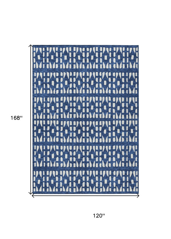 HomeRoots 5' Stylish Navy Blue and Ivory Geometric Washable Area Rug for Indoor and Outdoor Spaces Upgrade 10' X 14' 613794