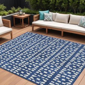 HomeRoots 5' Stylish Navy Blue and Ivory Geometric Washable Area Rug for Indoor and Outdoor Spaces Upgrade 10' X 14' 613794
