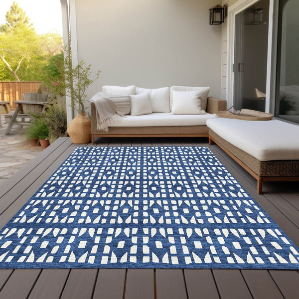 HomeRoots 5' Stylish Navy Blue and Ivory Geometric Washable Area Rug for Indoor and Outdoor Spaces Upgrade 10' X 14' 613794