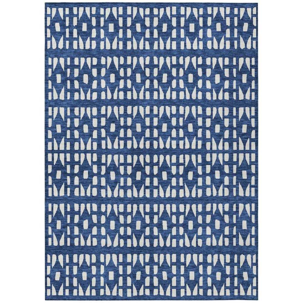 HomeRoots 5' Stylish Navy Blue and Ivory Geometric Washable Area Rug for Indoor and Outdoor Spaces Upgrade 10' X 14' 613794