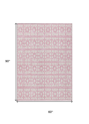 HomeRoots 5' Modern Pink and Ivory Geometric Washable Area Rug for Indoor and Outdoor Spaces, Stain-Resistant 5' X 8' 613796