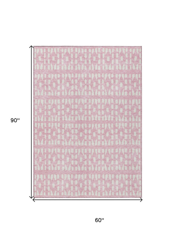 HomeRoots 5' Modern Pink and Ivory Geometric Washable Area Rug for Indoor and Outdoor Spaces, Stain-Resistant 5' X 8' 613796