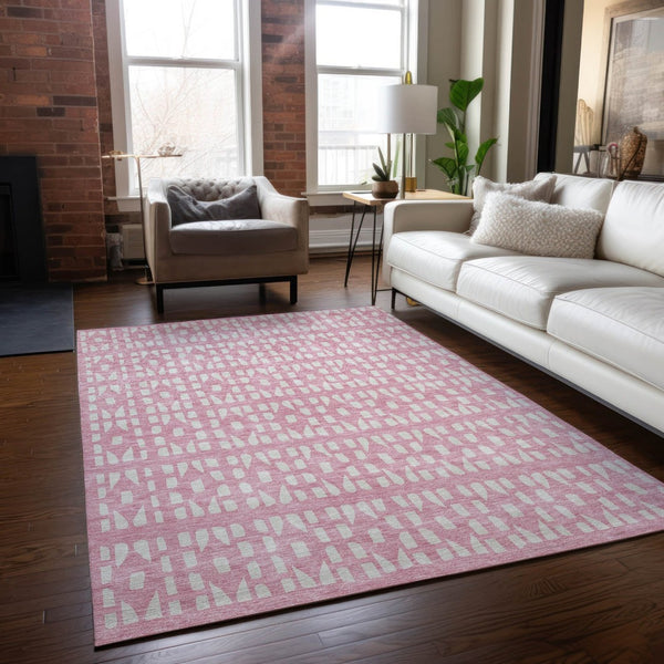 HomeRoots 5' Modern Pink and Ivory Geometric Washable Area Rug for Indoor and Outdoor Spaces, Stain-Resistant 5' X 8' 613796