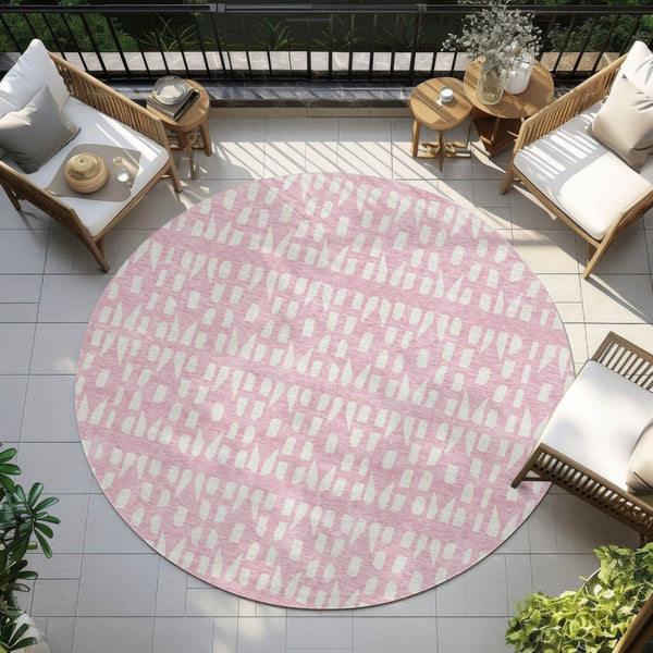 HomeRoots 5' Modern Pink and Ivory Geometric Washable Area Rug for Indoor and Outdoor Spaces, Stain-Resistant 8' Round 613797