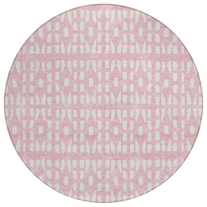 HomeRoots 5' Modern Pink and Ivory Geometric Washable Area Rug for Indoor and Outdoor Spaces, Stain-Resistant 8' Round 613797