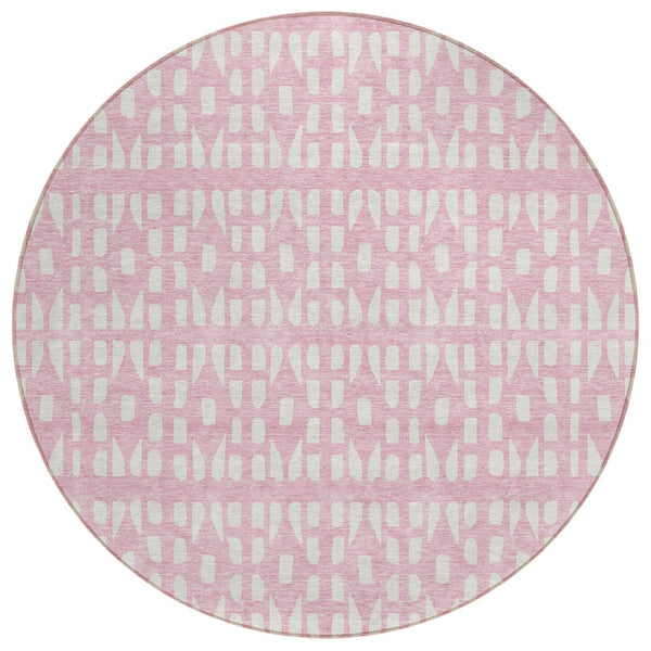 HomeRoots 5' Modern Pink and Ivory Geometric Washable Area Rug for Indoor and Outdoor Spaces, Stain-Resistant 8' Round 613797