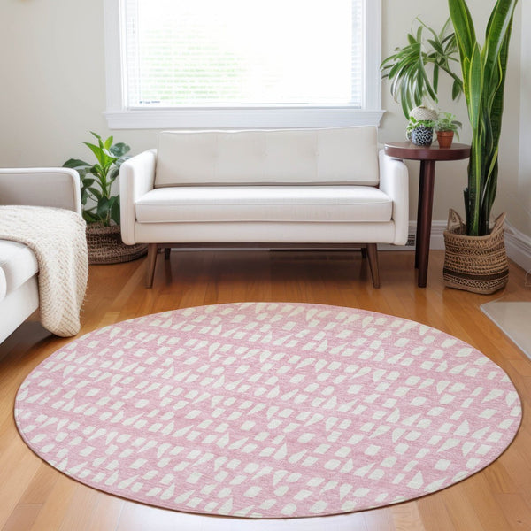HomeRoots 5' Modern Pink and Ivory Geometric Washable Area Rug for Indoor and Outdoor Spaces, Stain-Resistant 8' Round 613797