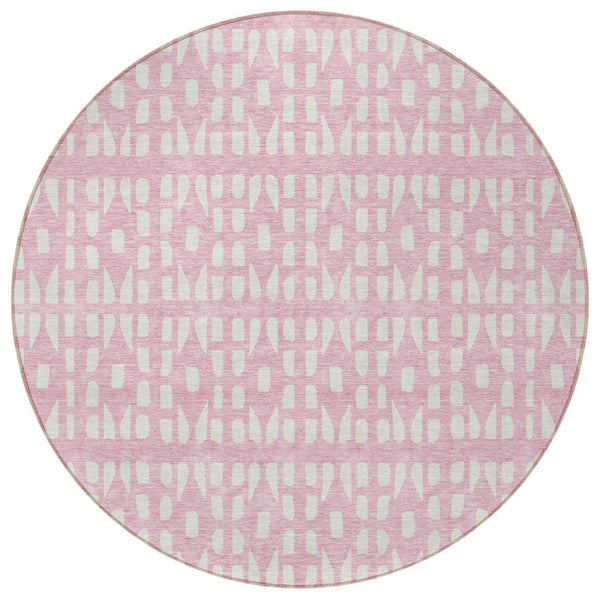 HomeRoots 5' Modern Pink and Ivory Geometric Washable Area Rug for Indoor and Outdoor Spaces, Stain-Resistant 8' Round 613797