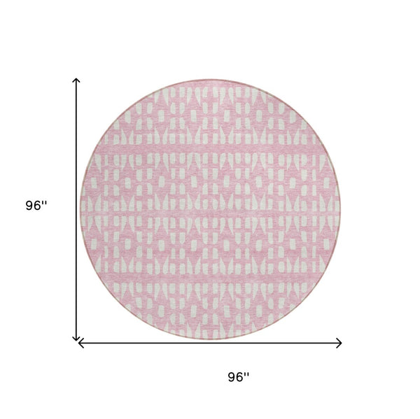 HomeRoots 5' Modern Pink and Ivory Geometric Washable Area Rug for Indoor and Outdoor Spaces, Stain-Resistant 8' Round 613797