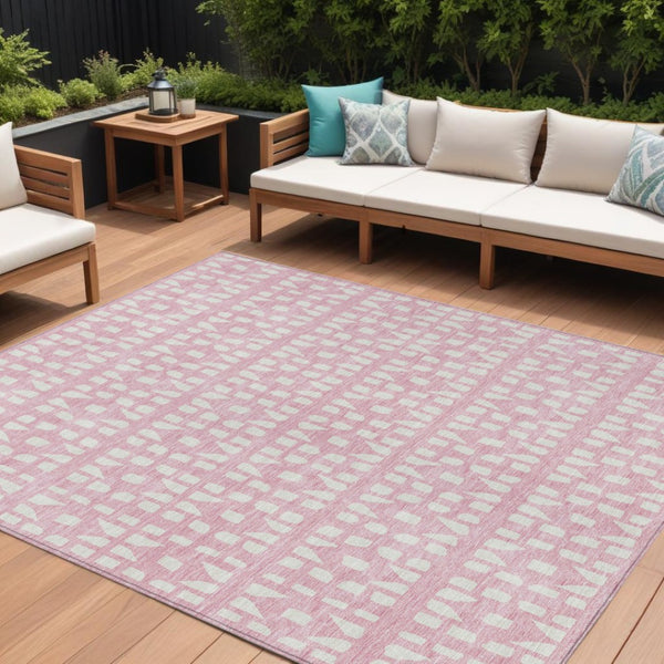 HomeRoots 5' Modern Pink and Ivory Geometric Washable Area Rug for Indoor and Outdoor Spaces, Stain-Resistant 8' X 10' 613798