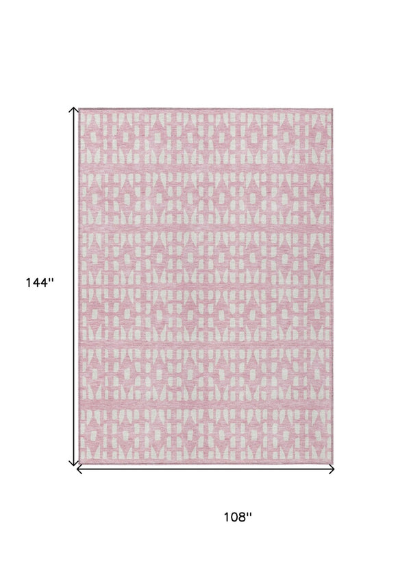 HomeRoots 5' Modern Pink and Ivory Geometric Washable Area Rug for Indoor and Outdoor Spaces, Stain-Resistant 9' X 12' 613799