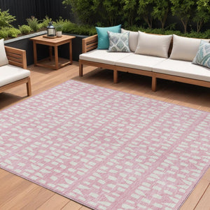 HomeRoots 5' Modern Pink and Ivory Geometric Washable Area Rug for Indoor and Outdoor Spaces, Stain-Resistant 10' X 14' 613800