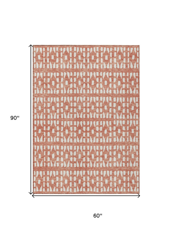 HomeRoots 5' Salmon and Ivory Geometric Area Rug - Stylish, Durable, Machine Washable for Indoor & Outdoor Use 5' X 8' 613802
