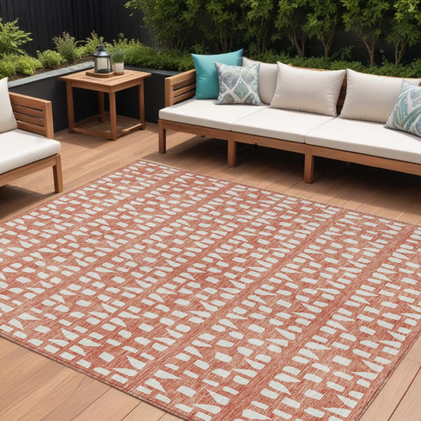 HomeRoots 5' Salmon and Ivory Geometric Area Rug - Stylish, Durable, Machine Washable for Indoor & Outdoor Use 9' X 12' 613805