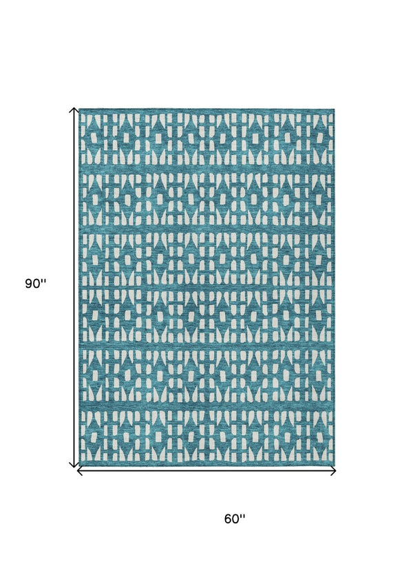 HomeRoots 5' Stylish Teal Blue and Ivory Geometric Washable Area Rug for Indoor or Outdoor Spaces 5' X 8' 613808