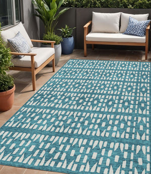 HomeRoots 5' Stylish Teal Blue and Ivory Geometric Washable Area Rug for Indoor or Outdoor Spaces 5' X 8' 613808