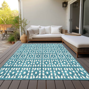 HomeRoots 5' Stylish Teal Blue and Ivory Geometric Washable Area Rug for Indoor or Outdoor Spaces 5' X 8' 613808