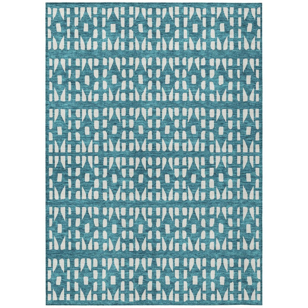 HomeRoots 5' Stylish Teal Blue and Ivory Geometric Washable Area Rug for Indoor or Outdoor Spaces 5' X 8' 613808
