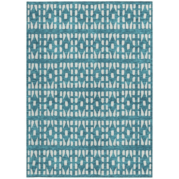 HomeRoots 5' Stylish Teal Blue and Ivory Geometric Washable Area Rug for Indoor or Outdoor Spaces 5' X 8' 613808