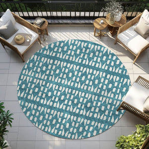 HomeRoots 5' Stylish Teal Blue and Ivory Geometric Washable Area Rug for Indoor or Outdoor Spaces 8' Round 613809