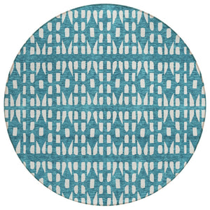 HomeRoots 5' Stylish Teal Blue and Ivory Geometric Washable Area Rug for Indoor or Outdoor Spaces 8' Round 613809
