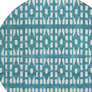 HomeRoots 5' Stylish Teal Blue and Ivory Geometric Washable Area Rug for Indoor or Outdoor Spaces 8' Round 613809